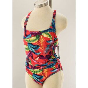 Caribbean Joe Coral Tropical Print One-Piece Swimsuit 12 NEW